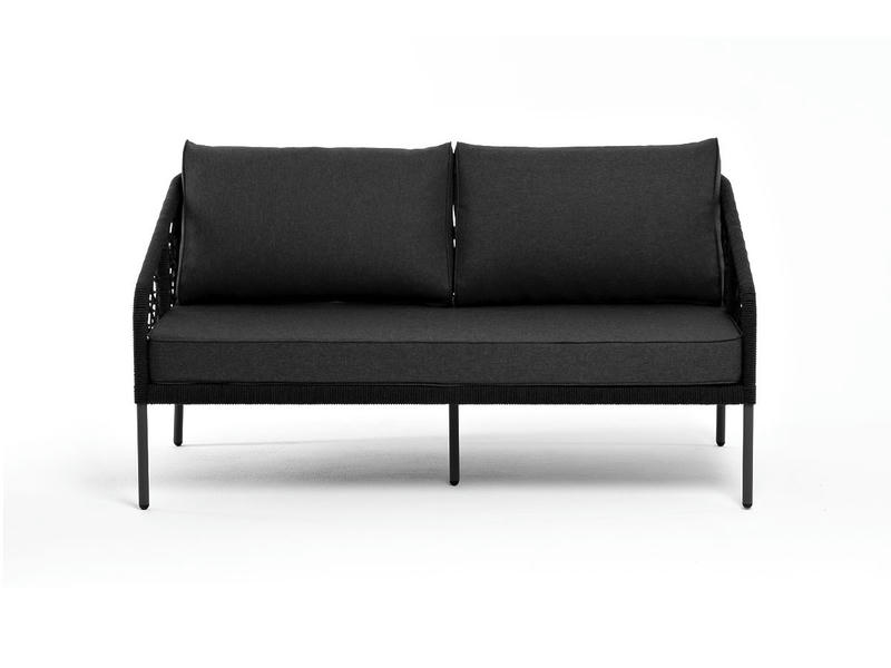 Канны диван 2-местный плетеный из роупа (узелки), каркас алюминий темно-серый (RAL7024) муар, роуп темно-серый круглый, ткань темно-серая