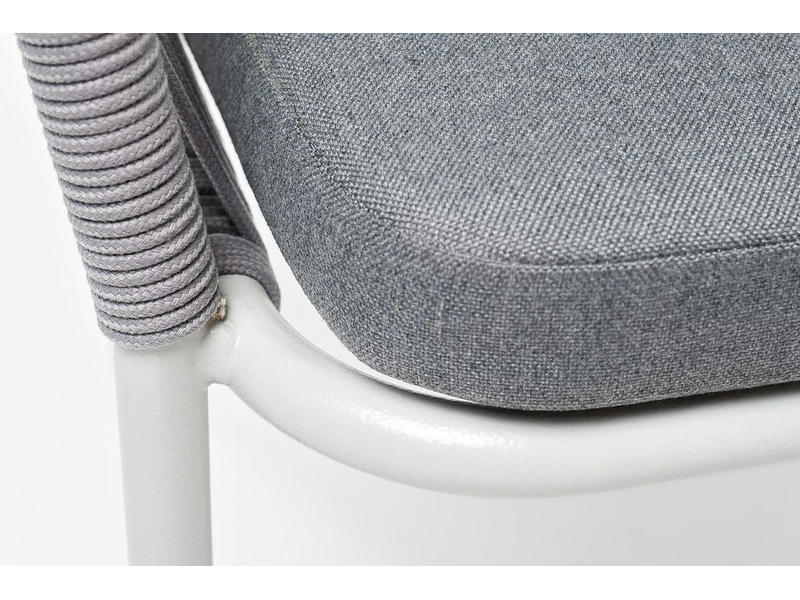 Марсель стул плетеный из роупа, каркас алюминий белый шагрень, роуп светло-серый круглый, ткань светло-серая
