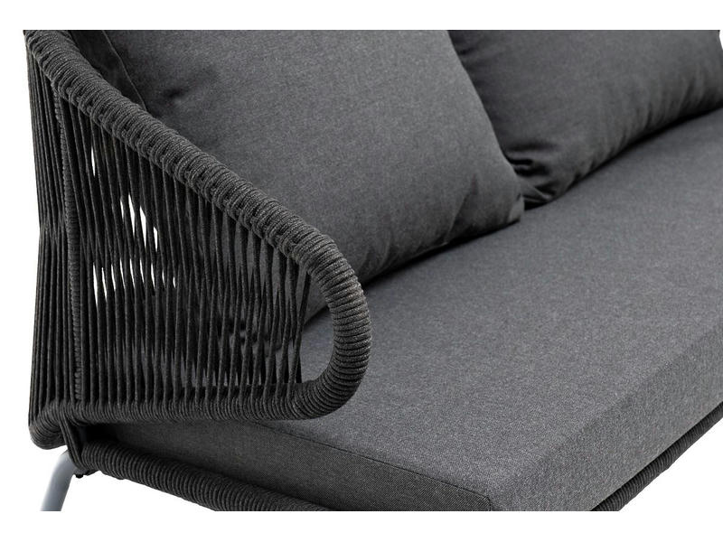 Милан диван 2-местный плетеный из роупа, каркас алюминий темно-серый (RAL7024), роуп темно-серый круглый, ткань темно-серая 019