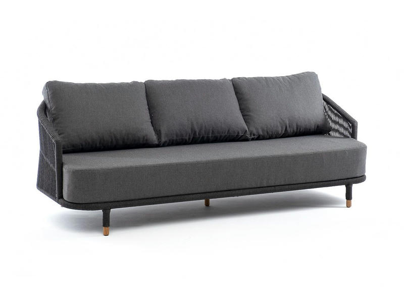 Верона диван 3-местный плетеный из роупа, каркас алюминий темно-серый (RAL7024) шагрень, роуп темно-серый круглый, ткань темно-серая 019