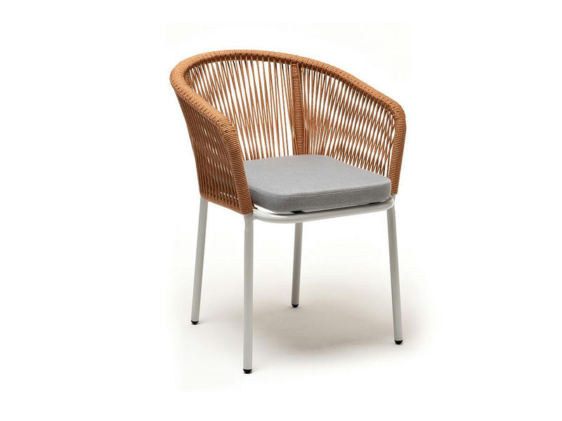 Марсель стул плетеный из роупа, каркас алюминий светло-серый (RAL7035) шагрень, роуп оранжевый меланж круглый, ткань светло-серая