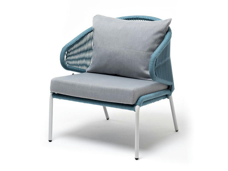 Милан кресло плетеное из роупа, каркас алюминий светло-серый (RAL7035) шагрень, роуп бирюзовый круглый, ткань светло-серая