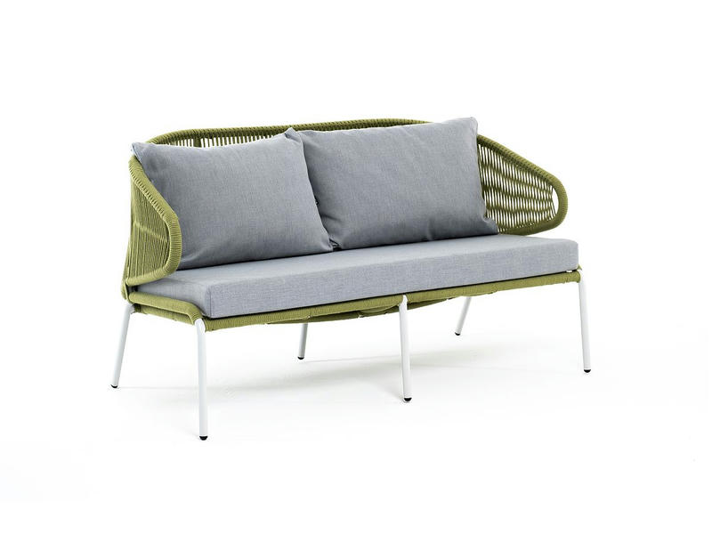 Милан диван 2-местный плетеный из роупа, каркас алюминий светло-серый (RAL7035) шагрень, роуп салатовый меланж круглый, ткань светло-серая