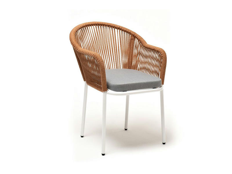 Лион стул плетеный из роупа, каркас из стали светло-серый (RAL7035) шагрень, роуп оранжевый меланж круглый, ткань светло-серая