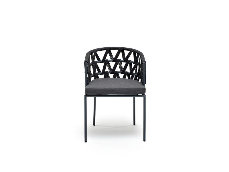 Диего стул плетеный из роупа, каркас из стали серый (RAL7022), роуп темно-серый круглый, ткань серая