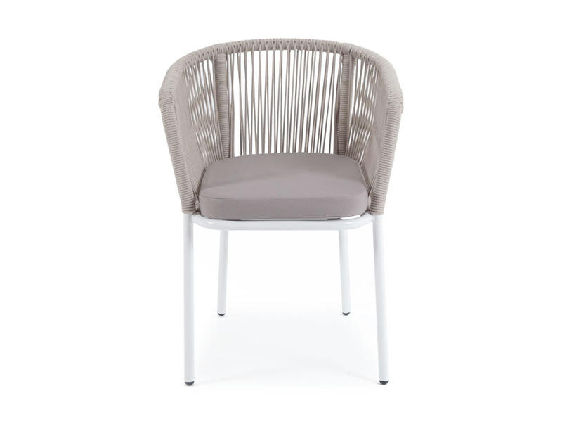 Марсель стул плетеный из роупа, каркас алюминий белый шагрень, роуп бежевый круглый, ткань бежевая 035