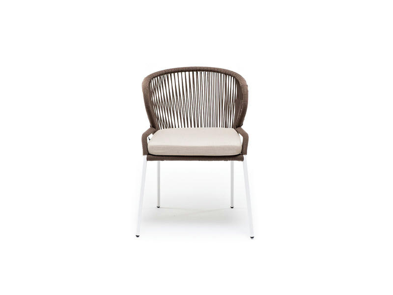 Милан стул плетеный из роупа, каркас алюминий белый, роуп коричневый круглый, ткань бежевая