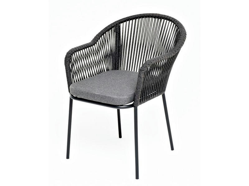 Лион стул плетеный из роупа, каркас из стали темно-серый (RAL7024) муар, роуп темно-серый круглый, ткань темно-серая 027
