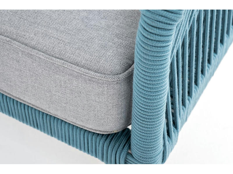 Канны диван 2-местный плетеный из роупа, каркас алюминий светло-серый (RAL7035) шагрень, роуп бирюзовый круглый, ткань светло-серая