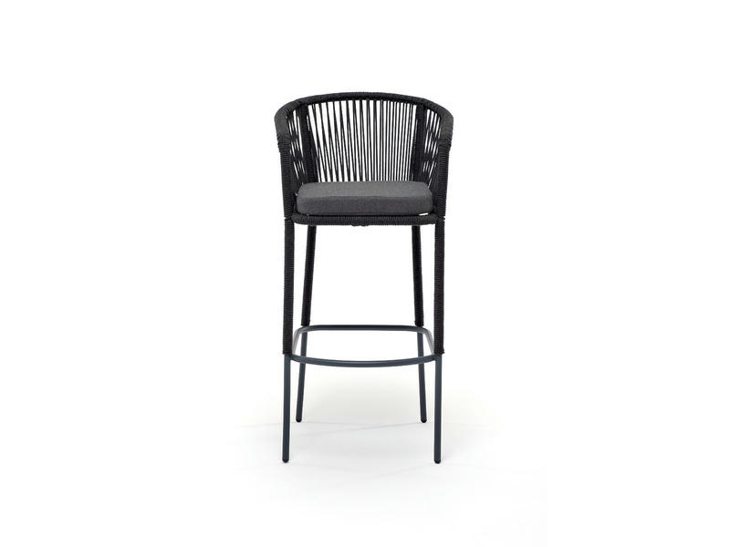 Марсель стул барный плетеный из роупа, каркас из стали темно-серый (RAL7024) шагрень, роуп темно-серый круглый, ткань темно-серая 019