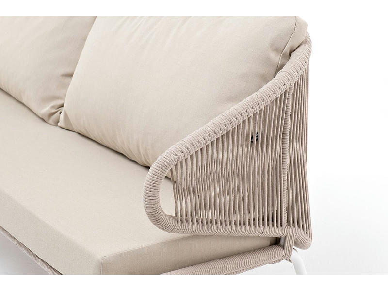 Милан диван 3-местный плетеный из роупа, каркас алюминий белый, роуп бежевый круглый, ткань бежевая