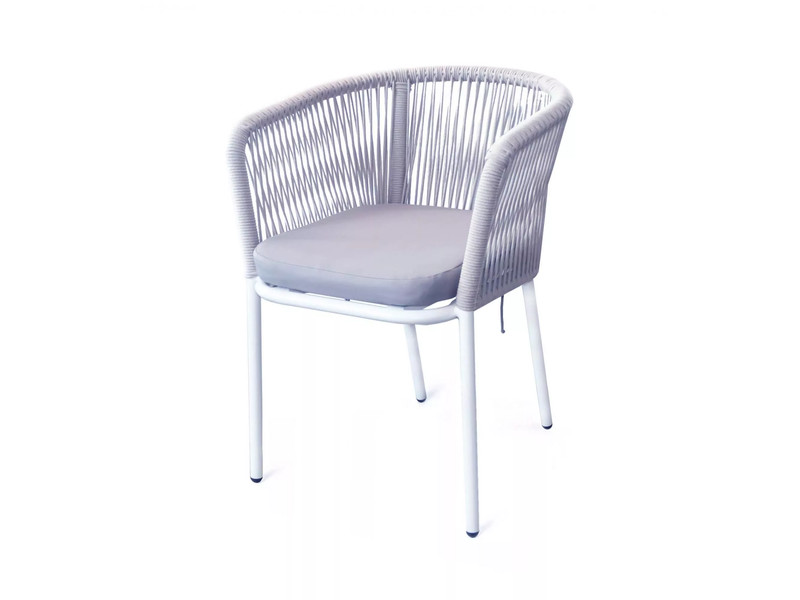 Марсель плетеный стул из эластичных лент, цвет светло-серый, белый каркас, подушка цвет NEO ASN