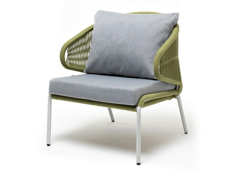 Милан кресло плетеное из роупа, каркас алюминий светло-серый (RAL7035) шагрень, роуп салатовый меланж круглый, ткань светло-серая