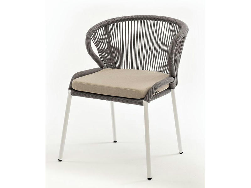 Милан стул плетеный из роупа, каркас алюминий белый шагрень, роуп светло-серый круглый, ткань бежевая
