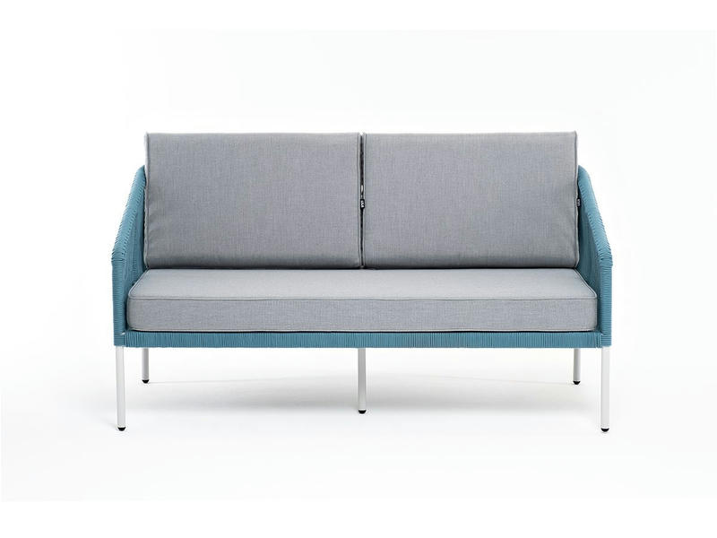 Канны диван 2-местный плетеный из роупа, каркас алюминий светло-серый (RAL7035) шагрень, роуп бирюзовый круглый, ткань светло-серая
