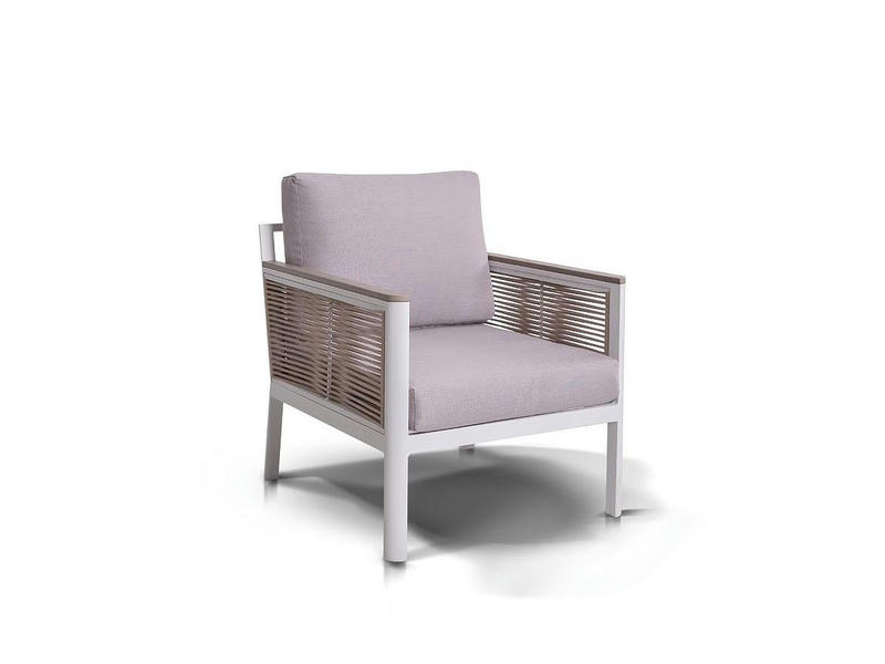 Сан Ремо кресло плетеное из роупа садовое, каркас алюминий белый, роуп бежевый, ткань бежевая