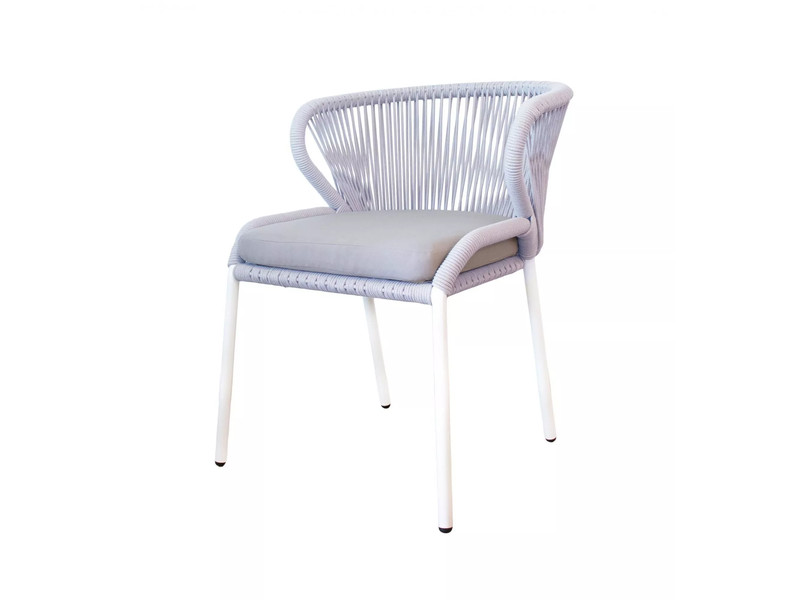 Милан плетеный стул из роупа (веревки), цвет светло-серый, каркас белый, подушка ASH