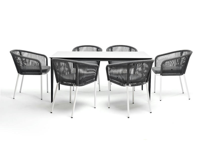 Малага обеденная группа на 6 персон со стульями Марсель, каркас белый, роуп серый
