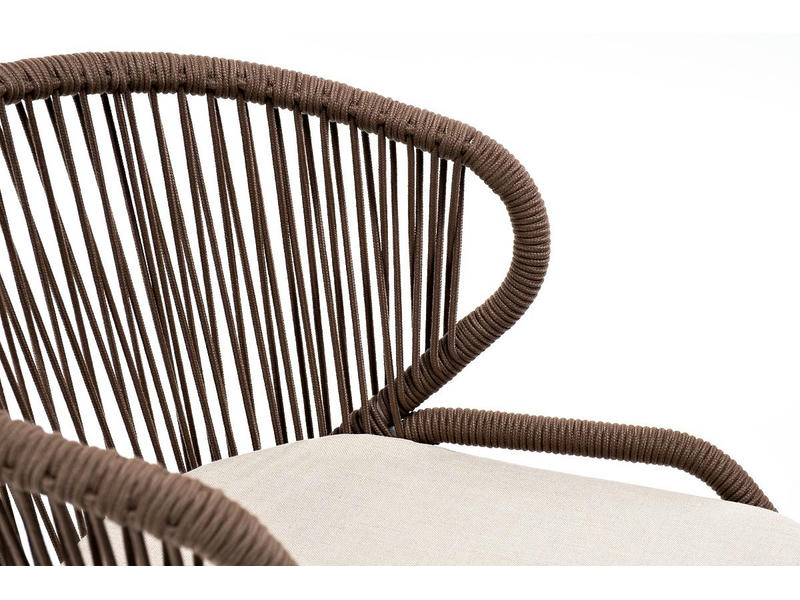 Милан стул плетеный из роупа, каркас алюминий белый, роуп коричневый круглый, ткань бежевая