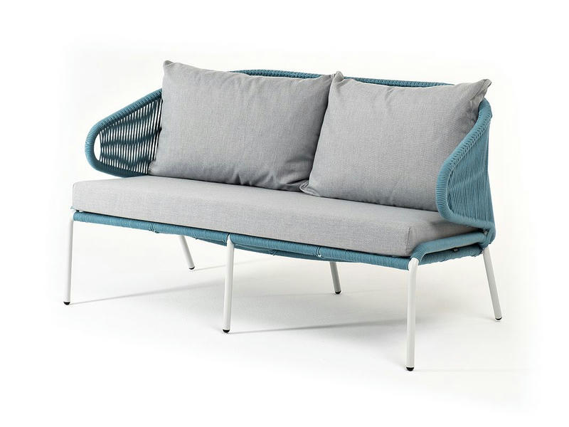 Милан диван 2-местный плетеный из роупа, каркас алюминий светло-серый (RAL7035) шагрень, роуп бирюзовый круглый, ткань светло-серая
