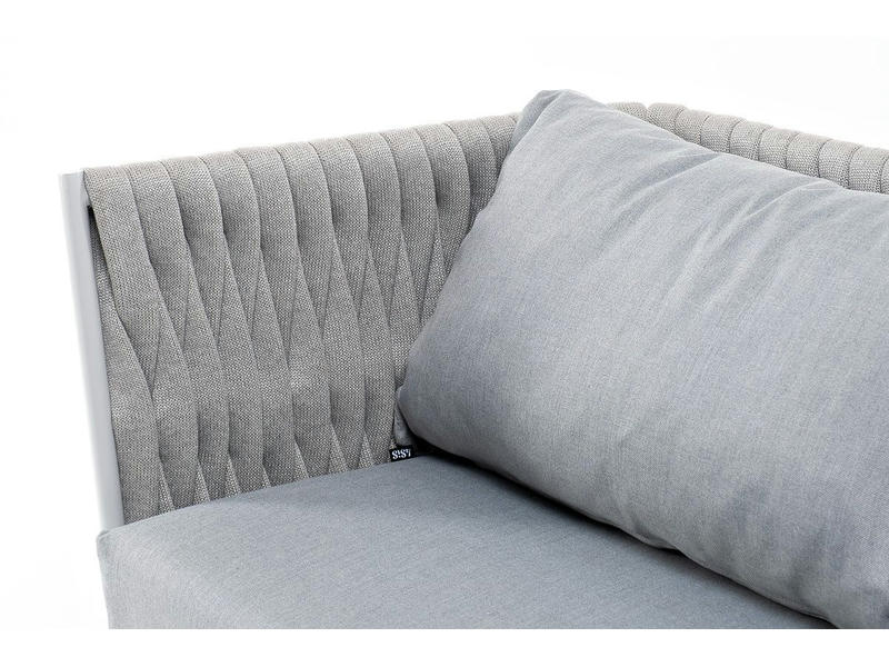 Монако диван 2-местный плетеный из роупа, каркас алюминий светло-серый (RAL7035) шагрень, роуп светло-серый 40 мм, ткань светло-серая