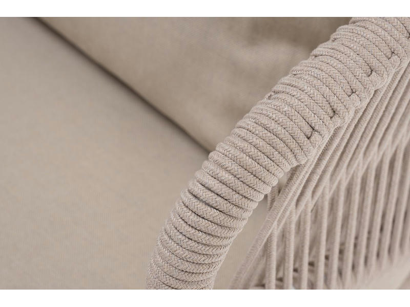 Милан кресло плетеное из роупа, каркас алюминий белый шагрень, роуп бежевый круглый, ткань бежевая