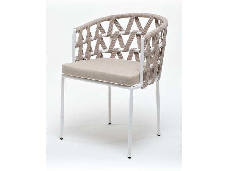 Диего стул плетеный из роупа, каркас из стали светло-серый (RAL7035) шагрень, роуп бежевый круглый, ткань светло-серая