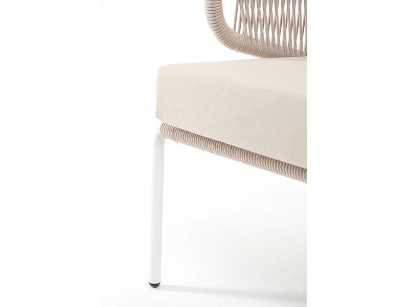 Милан диван 2-местный плетеный из роупа, каркас алюминий белый, роуп бежевый круглый, ткань бежевая