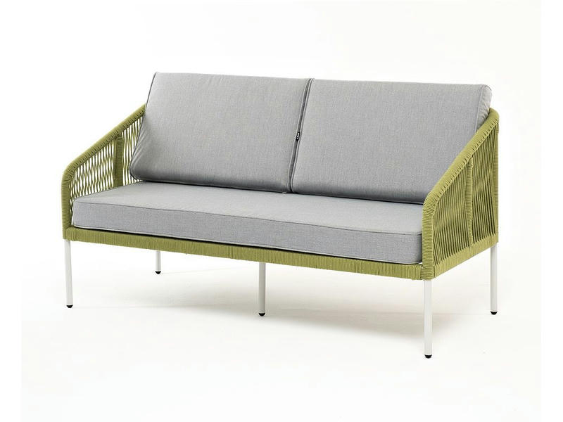 Канны диван 2-местный плетеный из роупа, каркас алюминий светло-серый (RAL7035) шагрень, роуп салатовый меланж круглый, ткань светло-серая