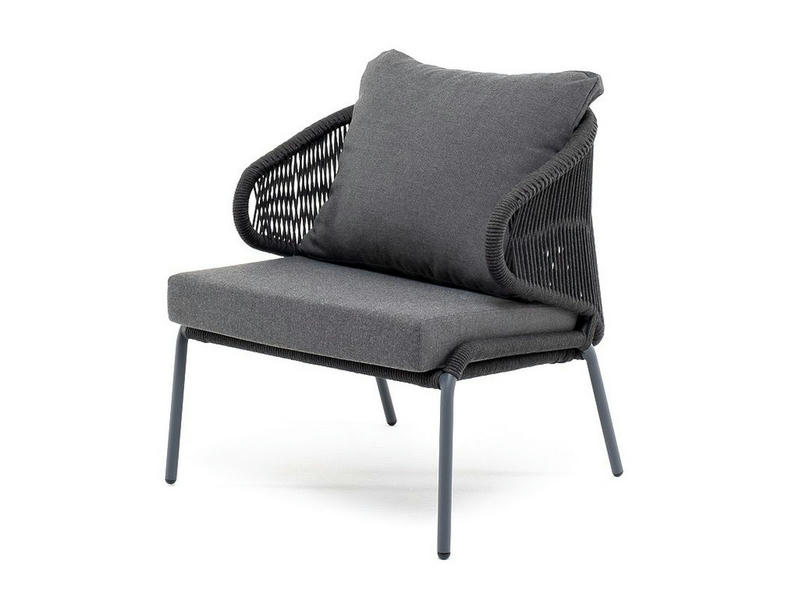 Милан кресло плетеное из роупа, каркас алюминий темно-серый (RAL7024), роуп темно-серый круглый, ткань темно-серая 019