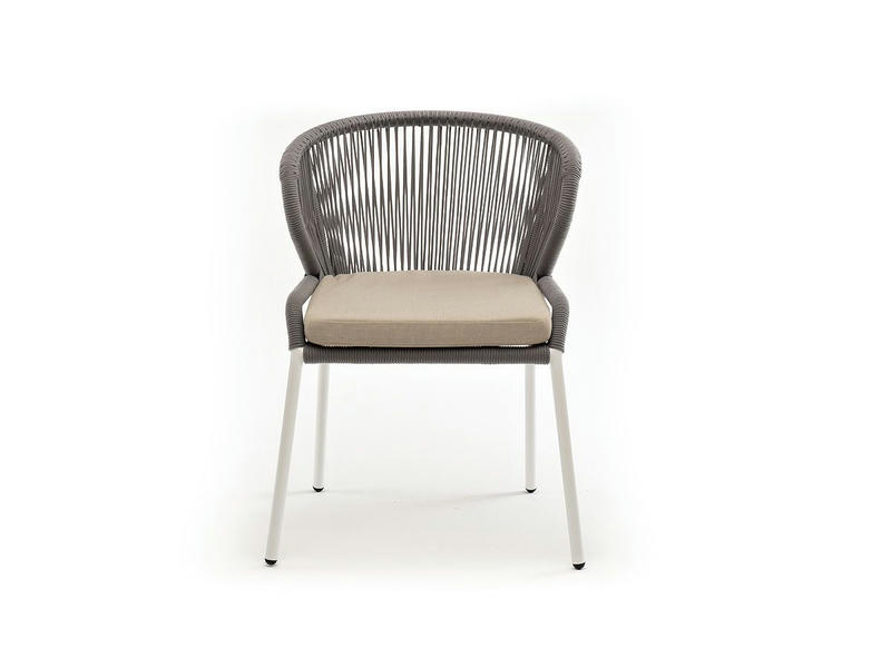 Милан стул плетеный из роупа, каркас алюминий белый шагрень, роуп светло-серый круглый, ткань бежевая