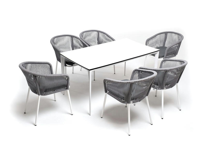 Малага обеденная группа на 6 персон со стульями Марсель, каркас белый, роуп светло-серый