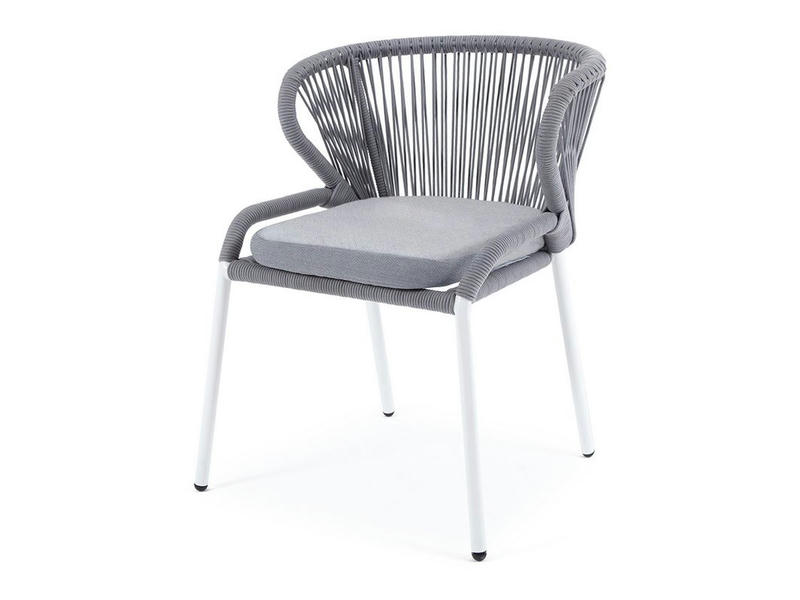 Милан стул плетеный из роупа, каркас алюминий белый шагрень, роуп светло-серый круглый, ткань светло-серая