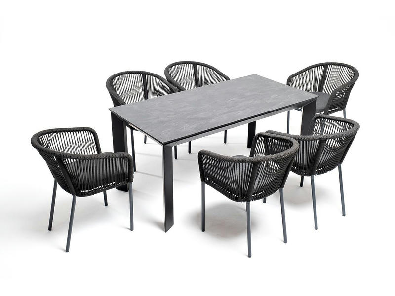 Венето обеденная группа на 6 персон со стульями Марсель, каркас темно-серый, роуп темно-серый