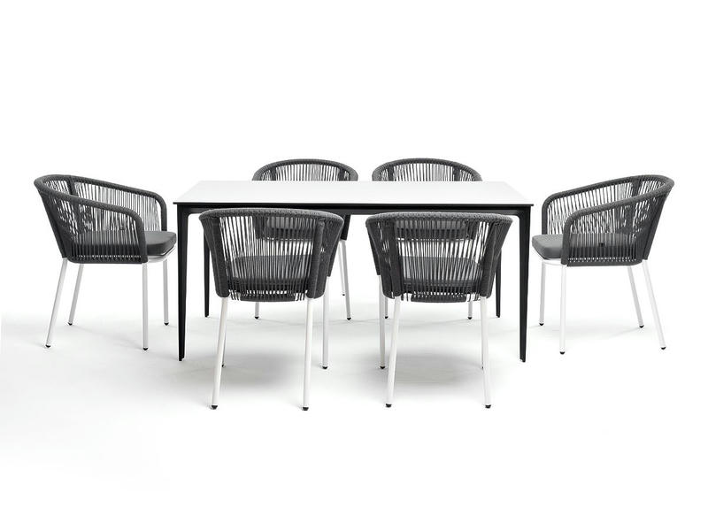 Малага обеденная группа на 6 персон со стульями Марсель, каркас белый, роуп серый