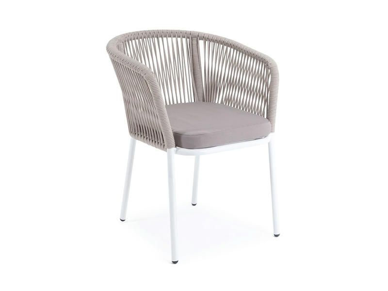 Марсель стул плетеный из роупа, каркас алюминий белый шагрень, роуп бежевый круглый, ткань бежевая 035