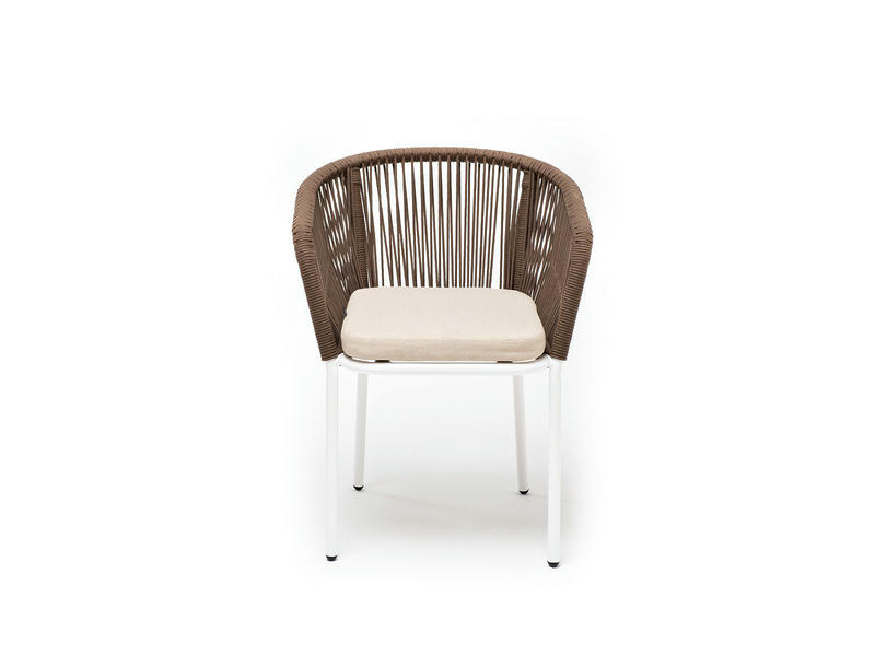Марсель стул плетеный из роупа, каркас алюминий белый, роуп коричневый круглый, ткань бежевая