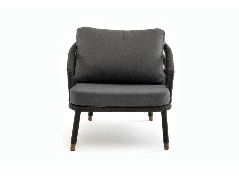 Верона кресло плетеное из роупа, каркас алюминий темно-серый (RAL7024) шагрень, роуп темно-серый круглый, ткань темно-серая 019