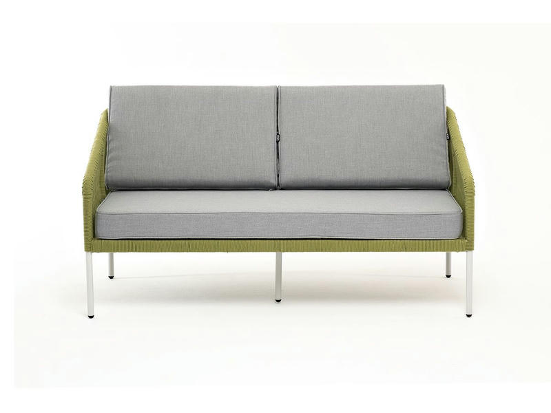 Канны диван 2-местный плетеный из роупа, каркас алюминий светло-серый (RAL7035) шагрень, роуп салатовый меланж круглый, ткань светло-серая