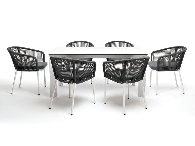 Венето обеденная группа на 6 персон со стульями Марсель, каркас белый, роуп серый