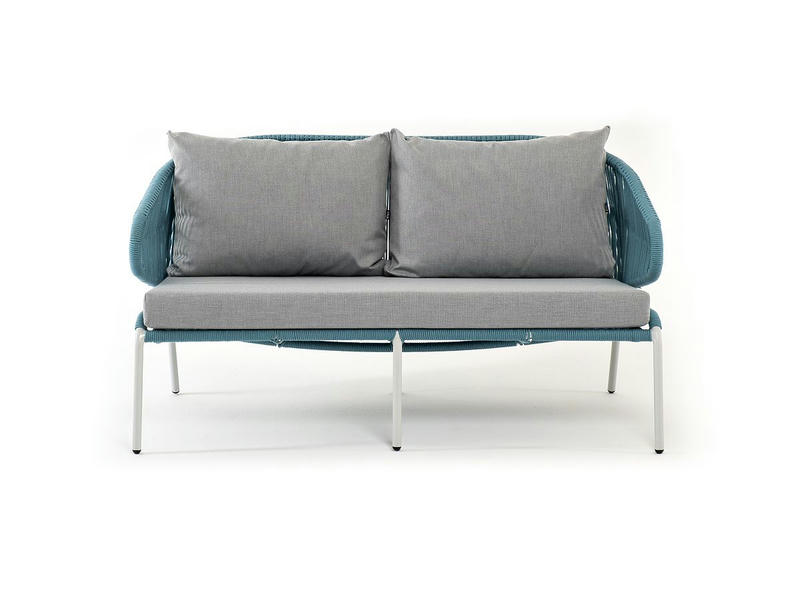 Милан диван 2-местный плетеный из роупа, каркас алюминий светло-серый (RAL7035) шагрень, роуп бирюзовый круглый, ткань светло-серая