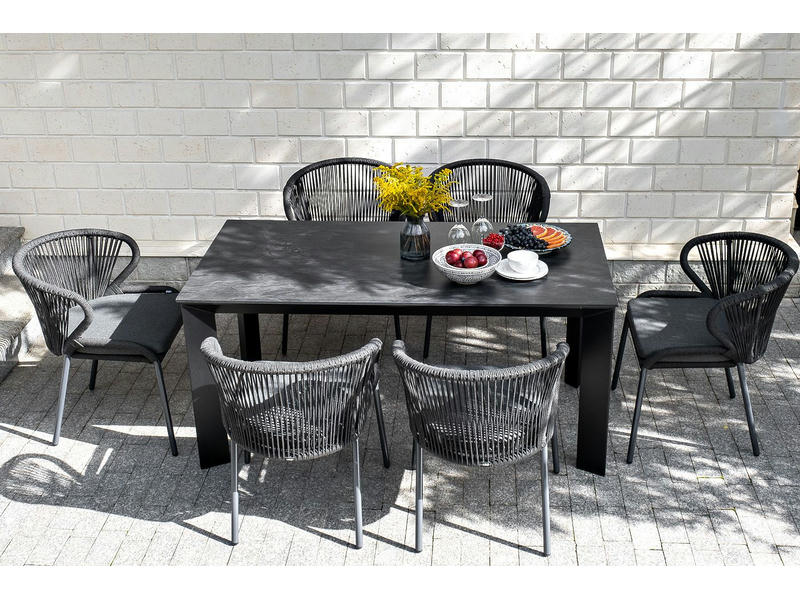 Венето обеденная группа на 6 персон со стульями Милан, каркас темно-серый, роуп темно-серый