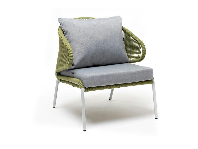 Милан кресло плетеное из роупа, каркас алюминий светло-серый (RAL7035) шагрень, роуп салатовый меланж круглый, ткань светло-серая