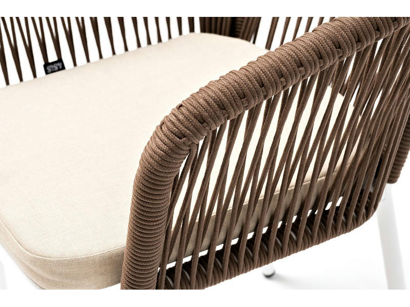 Марсель стул плетеный из роупа, каркас алюминий белый, роуп коричневый круглый, ткань бежевая