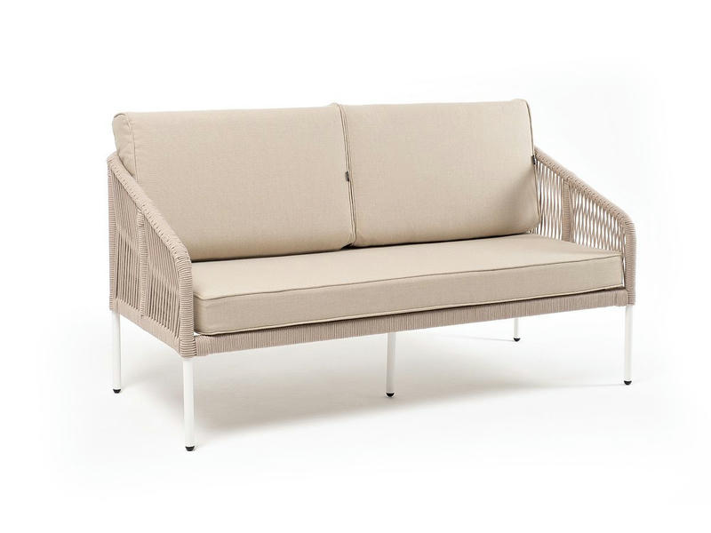 Канны диван 2-местный плетеный из роупа, каркас алюминий белый муар, роуп бежевый круглый, ткань бежевая 035