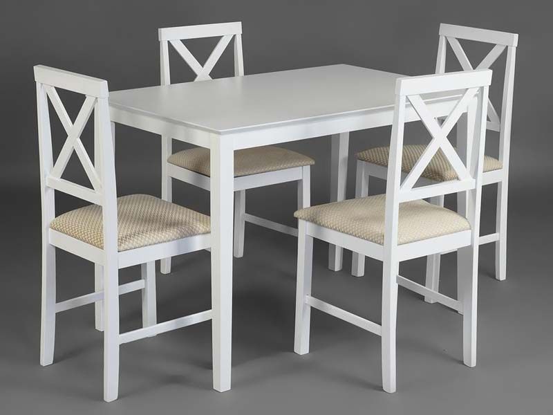 обеденный комплект эконом Хадсон (стол + 4 стула) цвет pure white (белый 2-1), ткань кремовая (HE49)