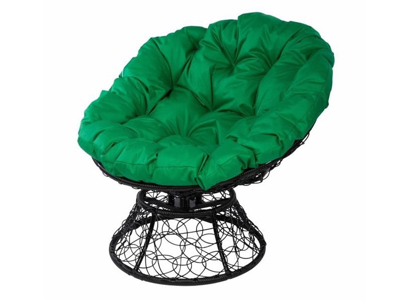 кресло-качалка Папасан из искусственного ротанга Z-08 met на пружине черное с зеленой подушкой