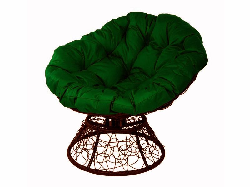 кресло-качалка Папасан из искусственного ротанга Z-08 met на пружине коричневое с зеленой подушкой