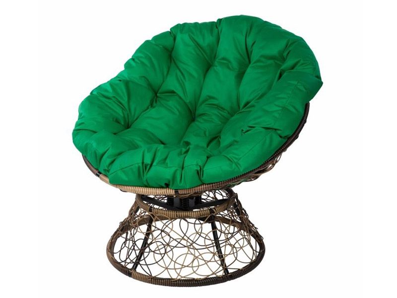 кресло-качалка Папасан из искусственного ротанга Z-08 met на пружине светло-коричневое с зеленой подушкой