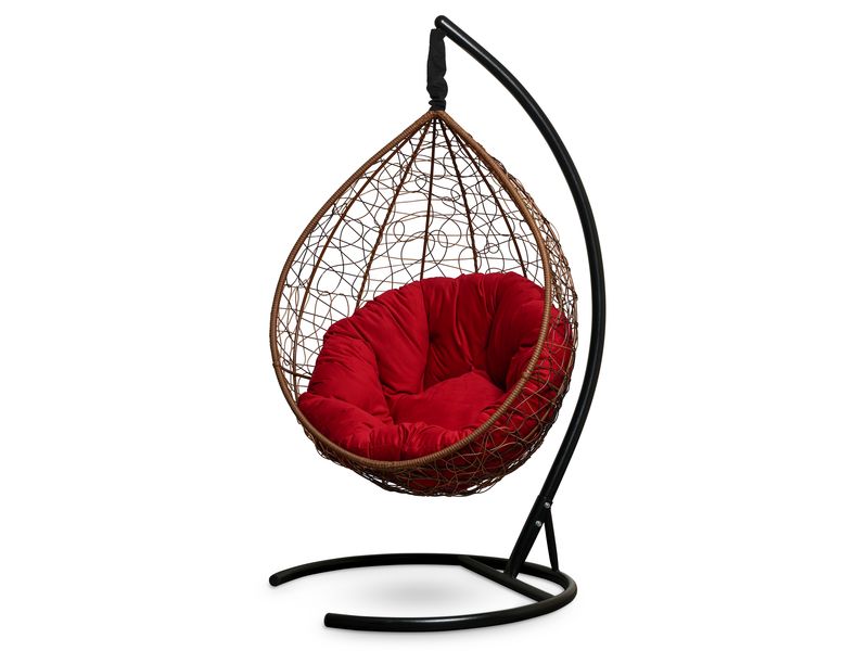 подвесное кресло Sevilla Verde Velour цвет горячий шоколад с красной подушкой